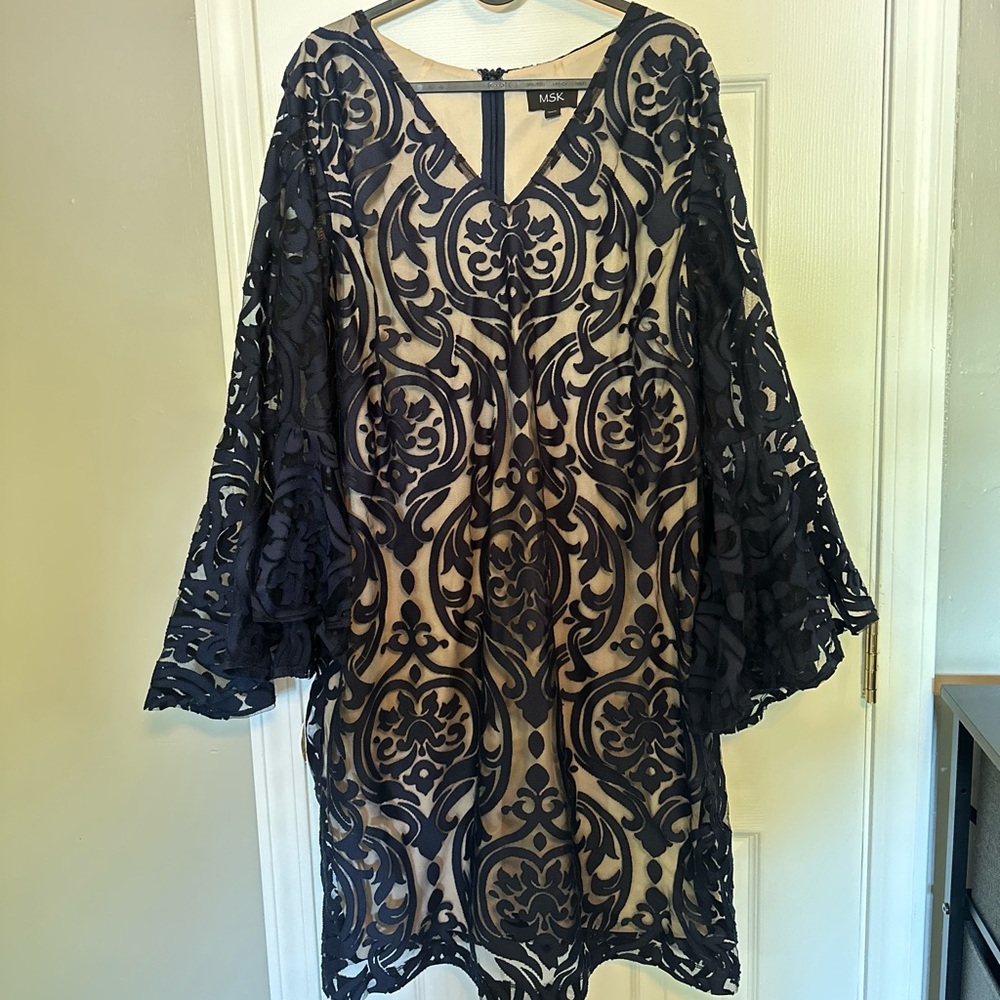 Navy Lace Overlay Midi Dress Size 16
